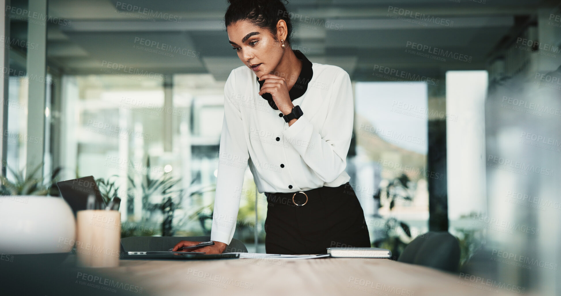 Buy stock photo Boardroom, laptop and thinking with secretary getting ready for meeting preparation in corporate office. Computer, setup and start with business woman in workplace for professional development