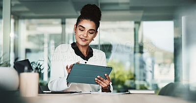Buy stock photo Business woman, tablet and office for connection, networking and research for financial agency. Female person, technology and scroll for information, corporate or investment opportunity as accountant