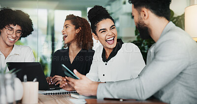 Buy stock photo Collaboration, laptop and laughing with business people in office for graphic design discussion. Computer, meeting and web development with funny employee team in workplace for planning or strategy