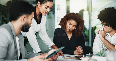 Buy stock photo Documents, project management and tablet with business people in office for design discussion. App analytics, meeting and web development with employee team in workplace for planning or strategy