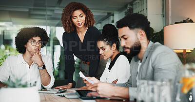 Buy stock photo App development, laptop and project management with business people in office for web design discussion. Collaboration, documents and meeting with employee team in workplace for planning or strategy