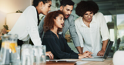 Buy stock photo Collaboration, laptop and project management with business team in office for graphic design discussion. Computer, meeting and web development with employee people at work for planning or strategy