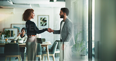 Buy stock photo Business, people and happy with handshake at office for meeting, collaboration and agreement on project. Partnership, employees and smile at boardroom for welcome or greeting at brainstorming session