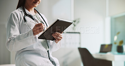 Buy stock photo Medical, results and tablet with doctor in hospital for review of diagnosis or treatment. Healthcare, insurance and internet with medicine professional woman in office of clinic for cardiology