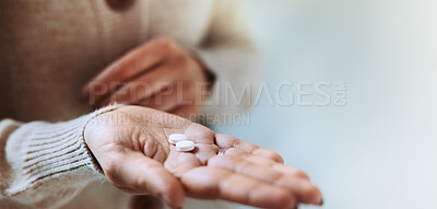 Buy stock photo Hands, medication and pills in palm with illness or medical condition for health, remedy and cure. Female person, capsules and pharmaceutical for symptoms, allergy and recovery in hospital or clinic