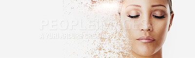 Buy stock photo Studio, dissolve and effect of makeup, woman and calm for beauty, texture or eyeshadow for person. Banner, cosmetics and crumbles of powder for face, mockup space or model with extension of eyelashes