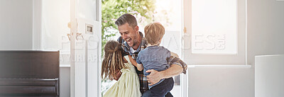 Buy stock photo Happy, father and children with hug by door for welcome, greeting and excited to return home. Banner, man and kids by doorway with embrace, connection and arrival from business trip with affection