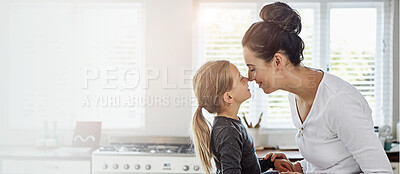 Buy stock photo Happy mom, kid and touch nose for love, care or family connection with parent in home kitchen. Smile, girl and mother holding hands with child for support, trust and bonding together with daughter