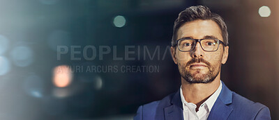 Buy stock photo Office, banner and portrait of business man at night with confidence, pride and serious attitude. Professional, mockup space and person for finance consultant, corporate manager and career ambition