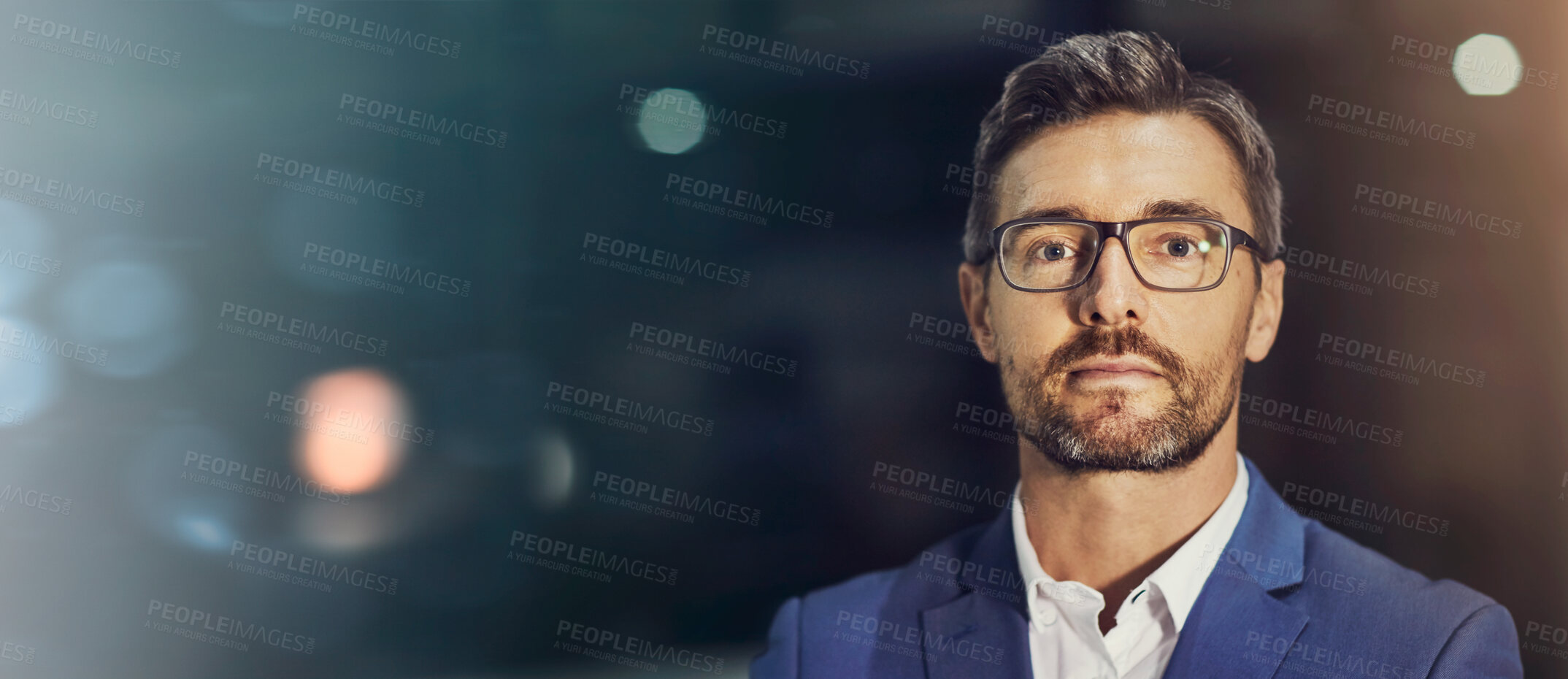 Buy stock photo Office, banner and portrait of business man at night with confidence, pride and serious attitude. Professional, mockup space and person for finance consultant, corporate manager and career ambition