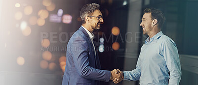 Buy stock photo Deal, handshake and partnership with employee men in office for meeting, thank you or welcome. Banner, bokeh and night with business people shaking hands for onboarding or recruitment on space