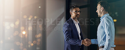 Buy stock photo Deal, handshake and partnership with business men in office for meeting, thank you or welcome. Banner, bokeh and mockup with employee people shaking hands for onboarding or recruitment on space