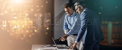 Buy stock photo Office, business men and laptop for project, research or proposal discussion at law firm. Banner, mockup and bokeh space for lawyer, b2b connection and corporate attorney or problem solving at night