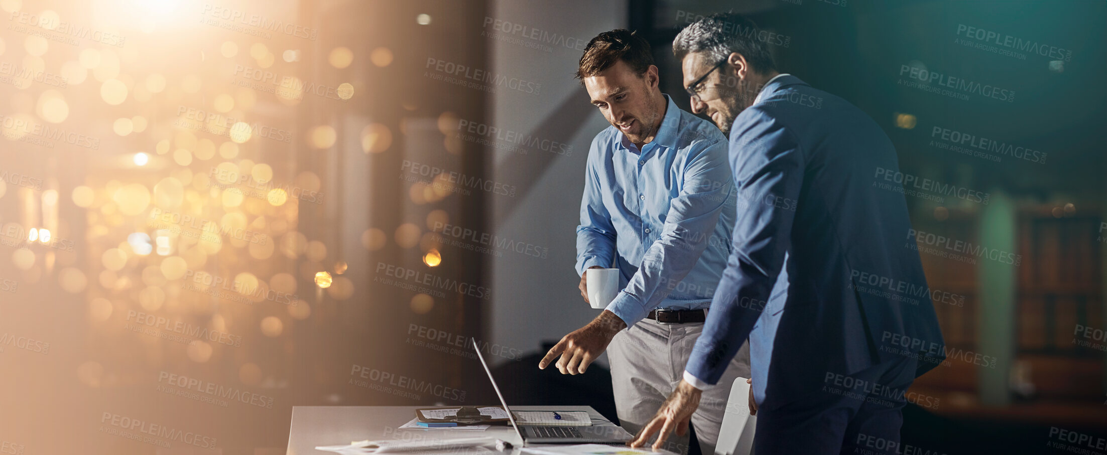 Buy stock photo Office, business men and laptop for project, research or proposal discussion at law firm. Banner, mockup and bokeh space for lawyer, b2b connection and corporate attorney or problem solving at night