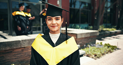 Buy stock photo Success, portrait and graduation for woman, smile and celebration of education, event and confident. Outdoor, scholarship and person with knowledge, proud and cap for ceremony, happy and degree