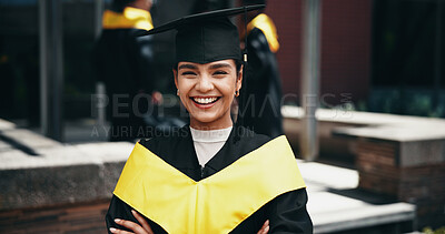 Buy stock photo Graduation, portrait and woman in university, smile and celebration of education, event and confident. Outdoor, success and person with knowledge, proud and cap for ceremony, happy and scholarship