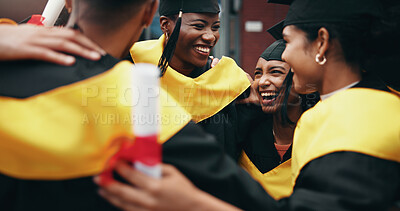 Buy stock photo Celebration, education and graduation with friends hugging on college or university campus together. School, smile and success with happy graduate or student people cheering for milestone goals