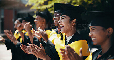 Buy stock photo Students, excited and applause at university for graduation, peer support and happy for achievement. People, clapping or outdoor on campus for academic success, pride or cheer for education milestone