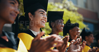 Buy stock photo Students, happy and applause at university for graduation, peer support or cheering for achievement. People, clapping or outdoor on campus for academic success, pride or smile for education milestone
