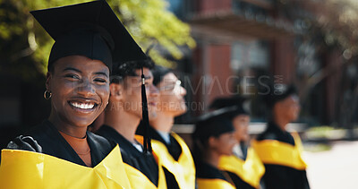 Buy stock photo Graduation, woman and happy for event, group and celebration for education, diploma and scholarship. Outdoor, smile and people with knowledge, achievement and student with cap in university or degree