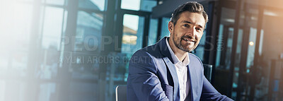 Buy stock photo Corporate, portrait and business man in office for investment banker, professional and confidence. Pride, financial advisor and smile with male employee and banner in German company for opportunity