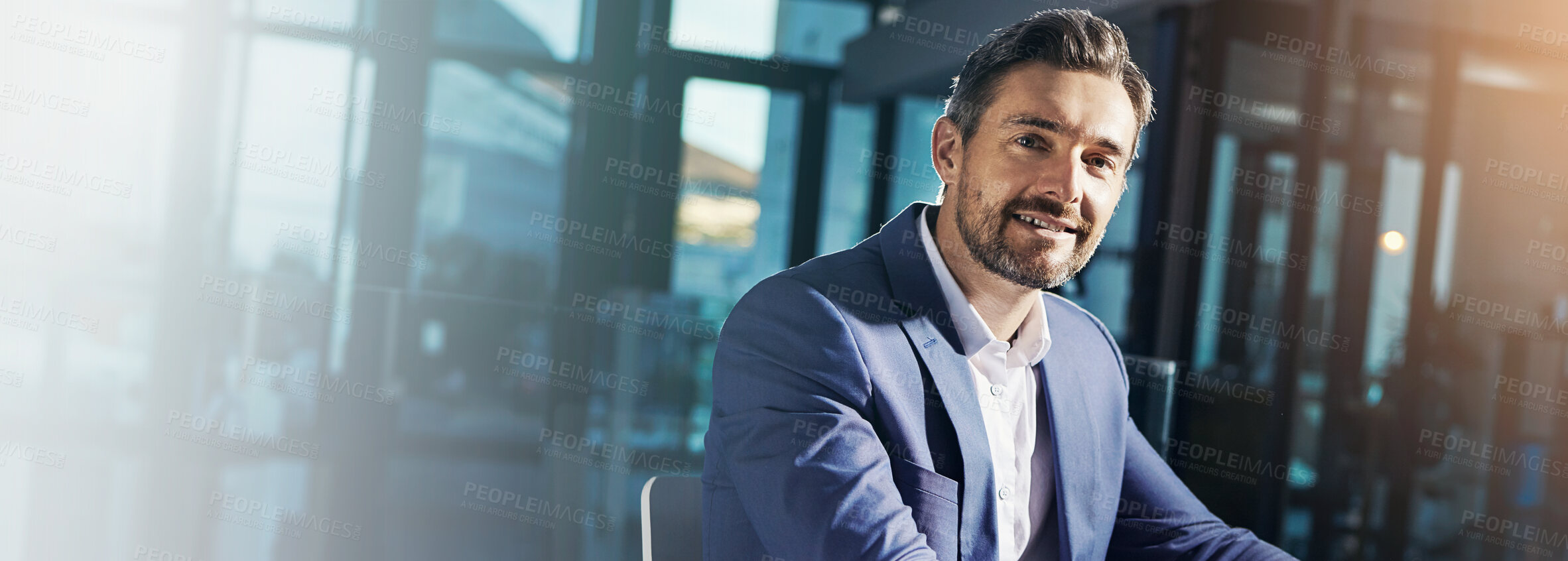 Buy stock photo Corporate, portrait and business man in office for investment banker, professional and confidence. Pride, financial advisor and smile with male employee and banner in German company for opportunity