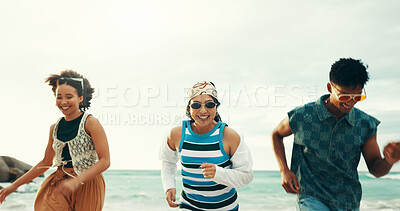Buy stock photo Happy friends, running and beach with fashion for summer vacation, holiday or bonding together in nature. Excited people, sunglasses and freedrom with smile for playful weekend or trip by ocean coast