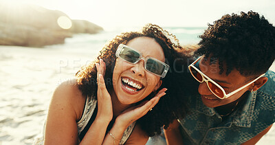 Buy stock photo Happy friends, beach or laughing with sunglasses for funny summer vacation or holiday in nature. People, face or smile with fashion for fresh air, fun travel or bonding together by ocean coast or sea