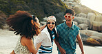 Friends, beach and group with sunglasses, fun and fashion for holiday, adventure or summer vacation. Happy, man and women with shades, ocean and travel bonding for
weekend trip to Miami sea journey
