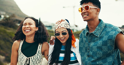 Buy stock photo People, laugh and walking on beach outdoor for travel reunion, summer vacation and embrace of funny joke. Smile, friends and sunglasses for holiday journey, social gathering and weekend trip at ocean