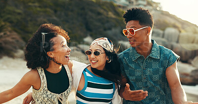 Buy stock photo Friends, beach and group with sunglasses, walk and fashion for holiday, adventure or summer vacation. Happy, man and women with shades, ocean and travel bonding for weekend trip to Miami sea journey