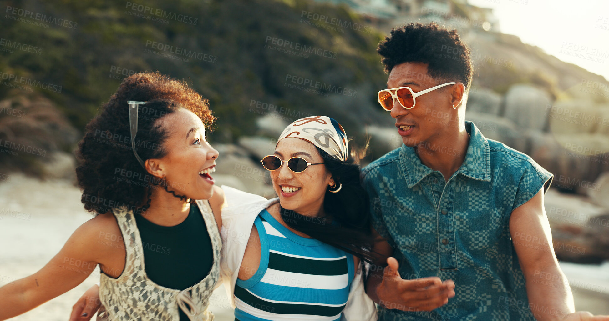 Buy stock photo Friends, beach and group with sunglasses, walk and fashion for holiday, adventure or summer vacation. Happy, man and women with shades, ocean and travel bonding for weekend trip to Miami sea journey