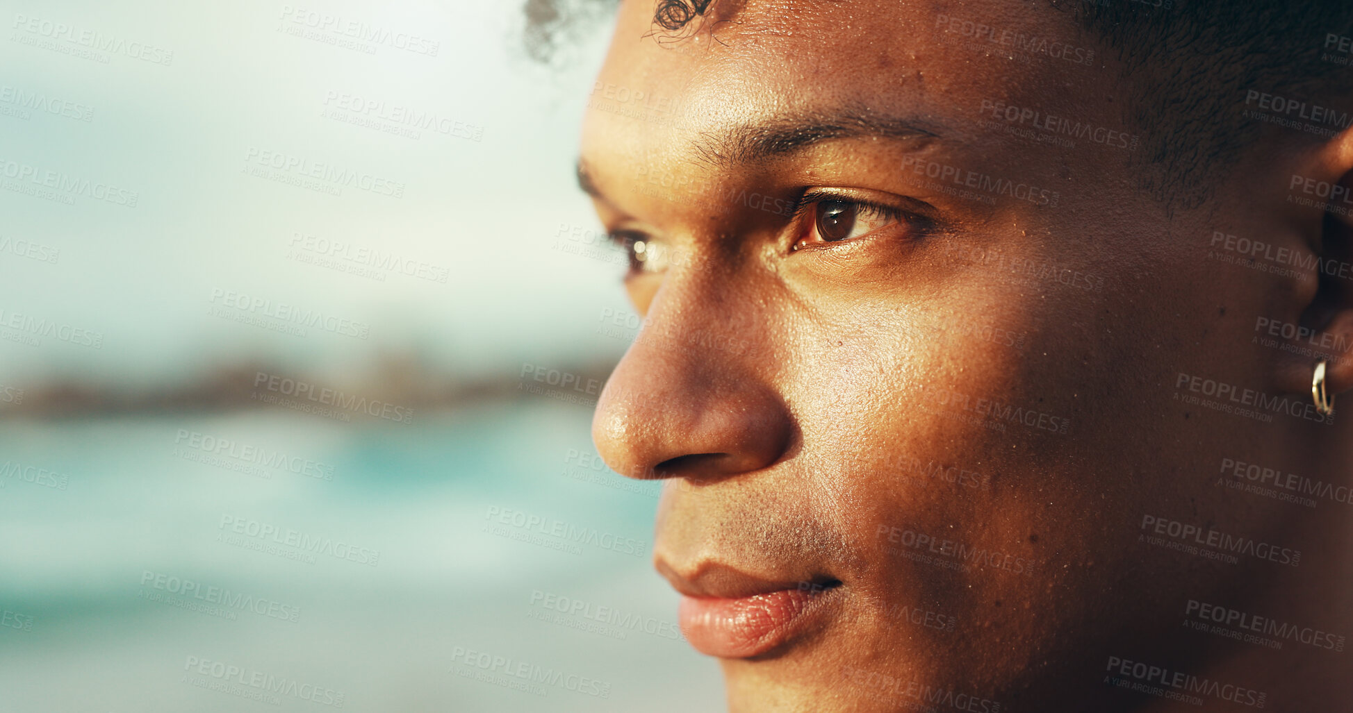Buy stock photo Thinking, tourist and man on holiday, travel and fresh air in natural, relax and tourism of island. Outdoor, traveller and person on vacation, paradise and peace on trip, beach and calm in Brazil