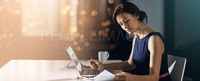 Buy stock photo Businesswoman, night or accountant on laptop for paperwork, investment research or budget profit. Late, bokeh or financial advisor reading statistics, documents and accounting report for deadline