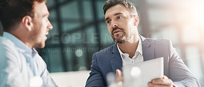 Buy stock photo Meeting, office and business men with tablet for planning, teamwork and collaboration on project. Corporate, company and workers talking with digital tech for proposal feedback, review and discussion