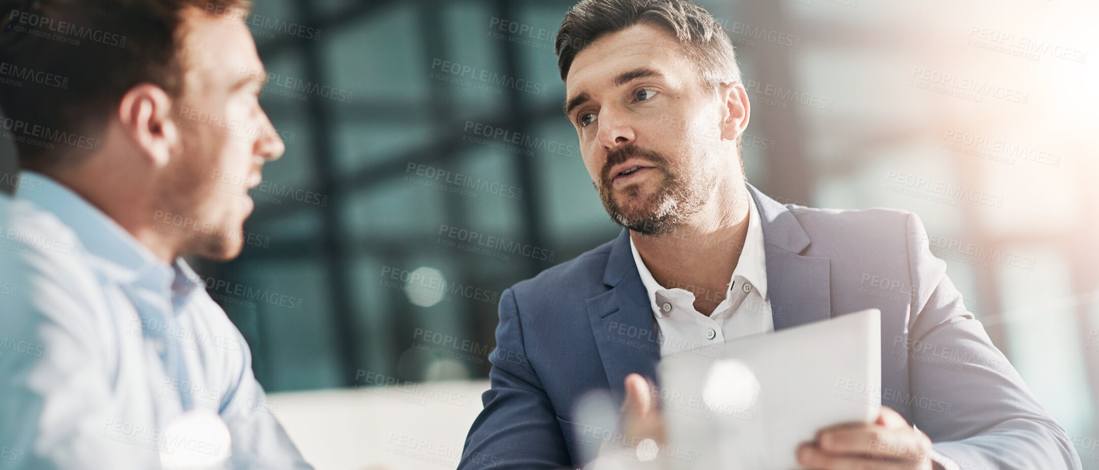 Buy stock photo Meeting, office and business men with tablet for planning, teamwork and collaboration on project. Corporate, company and workers talking with digital tech for proposal feedback, review and discussion