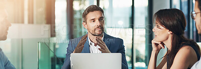 Buy stock photo Banner, teamwork and laptop with business people in meeting for web design, planning and target audience research. Collaboration, advice and project with employees in creative agency with mentor 