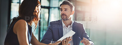 Buy stock photo Banner, teamwork and tablet with business people in office for web design, planning and target audience research. Collaboration, advice and project with employees in creative agency for meeting