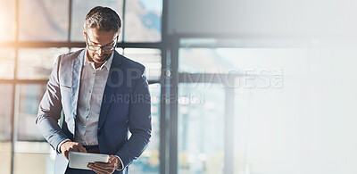 Buy stock photo Office, tablet and businessman thinking for project management, website or report on internet. Banner, mockup or space with person on tech for social networking, b2b connection or online contact
