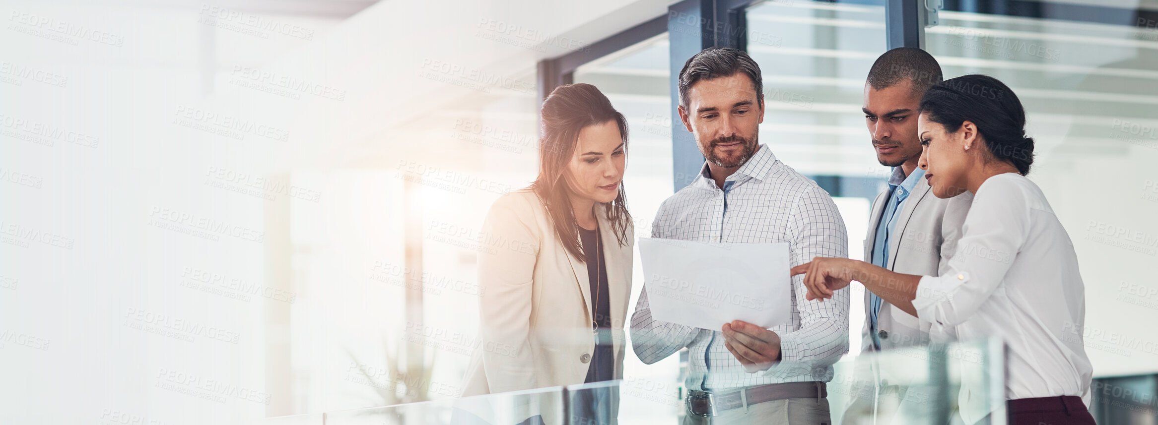 Buy stock photo Banner, business people and paperwork for feedback, collaboration and advice as discussion in office. Group, document and diversity as teamwork, mock up space and mentor in brainstorming for company