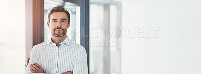 Buy stock photo Confidence, business man and portrait with arms crossed in office for risk management and financial reporting. Mockup space, mature manager and banner with company compliance and finance guidance