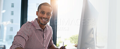 Buy stock photo Computer, portrait and smile with designer man at desk in office for development, planning or research. Banner, mockup and space with employee in workplace for online review or project information