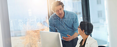 Buy stock photo Computer, business people and mentor coaching intern for help with sales budget in office. Planning, team collaboration and manager training worker for cooperation, discussion or learning new skills