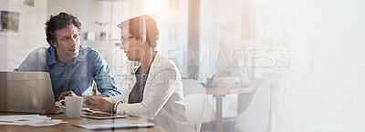 Buy stock photo Meeting, laptop and banner with business people in office for research, planning and consulting. Project management, collaboration and advice with employees in agency for feedback and mockup space