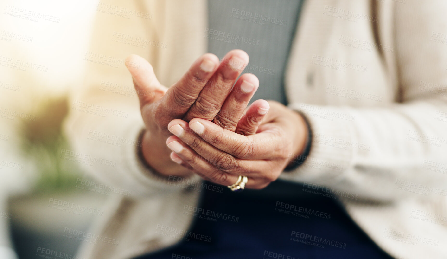 Buy stock photo Hand pain, arthritis and gout with closeup of old person for symptoms, accident and injury. Fibromyalgia, tension and circulation with senior woman for osteoporosis, rheumatism and inflammation