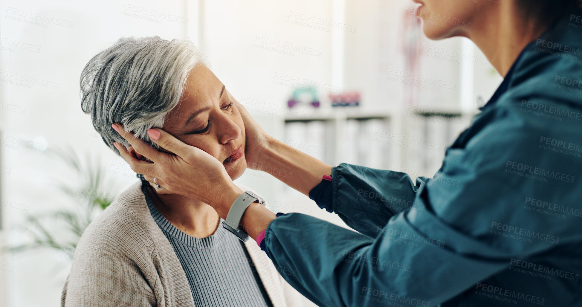 Buy stock photo Physiotherapy, medical and senior patient with neck injury, pain or muscle sprain for treatment. Accident, physical therapy and mature woman with healthcare worker for joint mobilization in clinic.