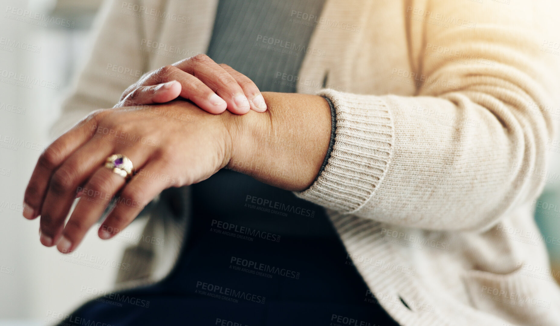 Buy stock photo Wrist pain, arthritis and healthcare with closeup of old person in clinic for emergency, accident and injury. Fibromyalgia, tension and circulation with senior woman for osteoporosis and inflammation