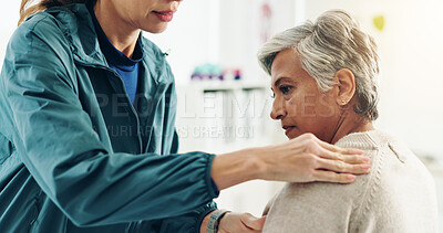 Buy stock photo Physiotherapist, senior patient or consultation with shoulder pain for injury recovery, rehabilitation and sore muscle. Physical therapy, hands and woman in clinic with treatment for osteoarthritis