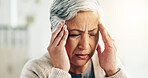 Home, pain and senior woman with headache, burnout and tension with mental health. Pensioner, anxiety or elderly person with migraine, retirement or aged with burnout, frustrated or fail with stress