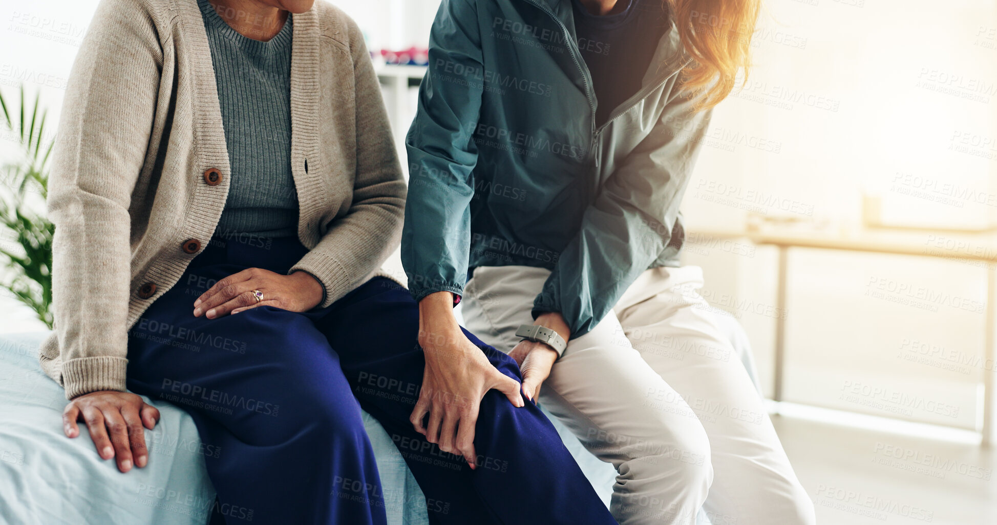 Buy stock photo Hands, physiotherapist and patient with knee pain in clinic for injury recovery, rehabilitation and muscle strain. Physical therapy, professional and person on bed with assessment for osteoarthritis